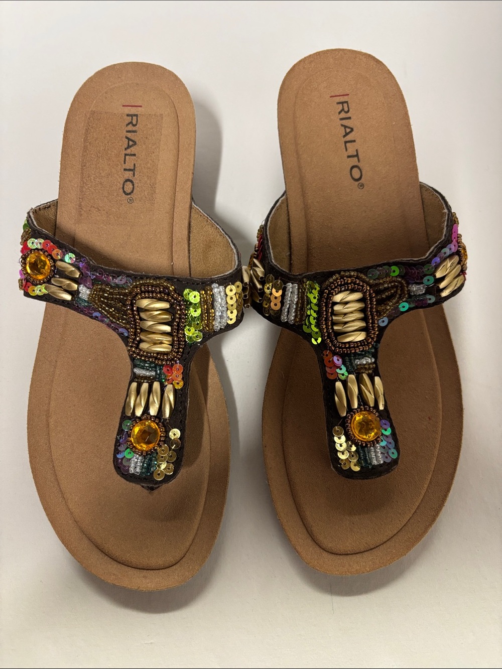 Rialto Brown Multicolor Jeweled Thong Sandals